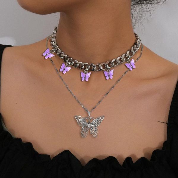 

chains silver color double layer hollow out big butterfly pendant cuban link necklace pink fashion party jewerly