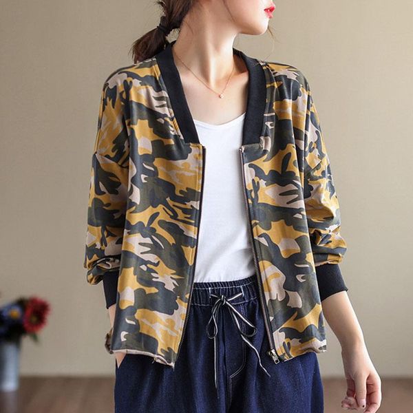 

women's jackets johnature women camouflage short coats cotton zippered baseball collar long sleeve casual clothing 2021 autumn loose, Black;brown