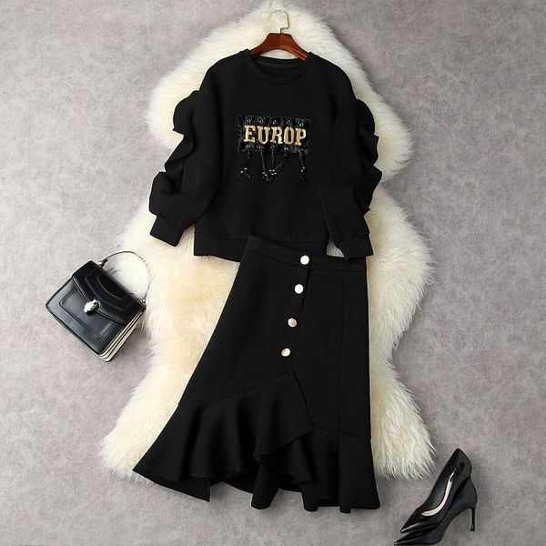 

casual dresses 2021 autumn and winter womens space cotton sweater two piece set retro high waist ruffled skirt clothes, Black;gray