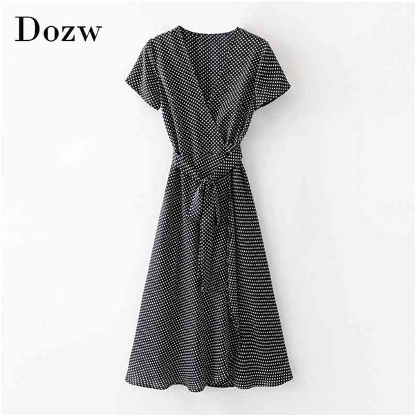 

summer v neck bohemian midi dress women polka dot casual beach wrap es a line short sleeve elegant sashes 210515, Black;gray