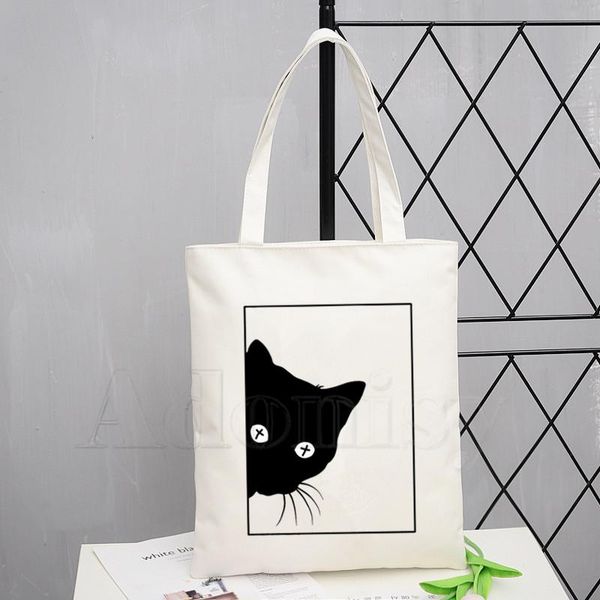 

shopping bags black cat graphic cartoon printed canvas shoulder bag female harajuku funny large-capacity eco environmental shopper
