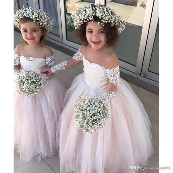 

family matching outfits lace sheer long sleeves little girls pageant gowns tulle ball gown flower girl dresses for wedding baby birthday par, Blue