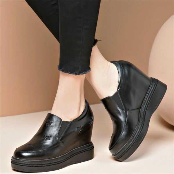 

dress shoes fashion sneakers women genuine leather wedges high heel pumps female round toe chunky platform oxfords casual, Black