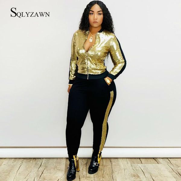 

two piece dress glitter gold silver sequin patchwork 2piece matching tracksuit set women streetwear fall black jacket pants side stripe outf, White