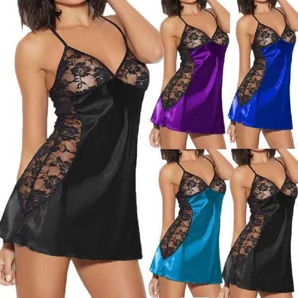 

women's sleepwear latest design floral pattern lace spaghetti strap semi transparant back two colors patchwork women robe, Black;red