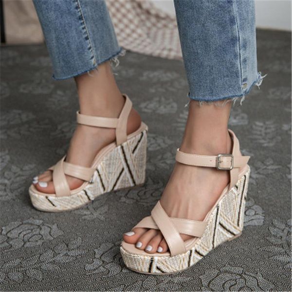 

women's sandals summer large size 43 color matching wedge buckle belt european american open toe high heel female shoes, Black