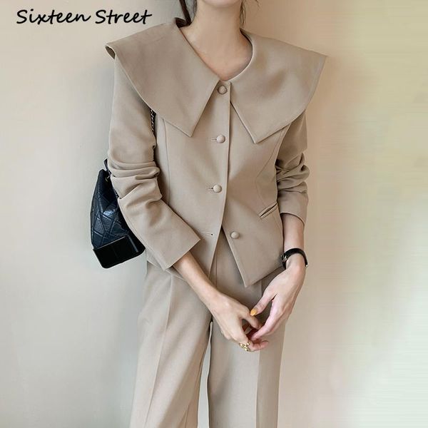 

women's two piece pants autumn blazer women fashion korea chic lapel jacket long sleeve breasted high waist straight casual trousers su, White