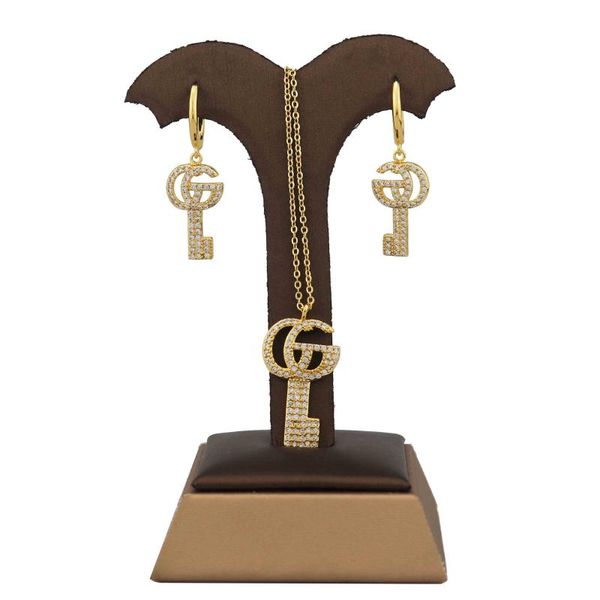 

earrings & necklace fashion classic full zircon copper key shape pendant with earring jewelry set african dubai women's holiday gift, Silver