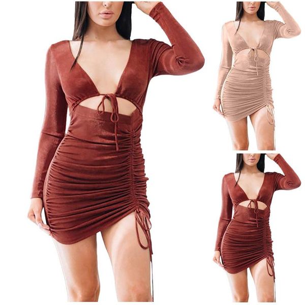 

casual dresses women nighclub bodycon dress deep v-neck draw string mini evening party solid streetwear robe, Black;gray