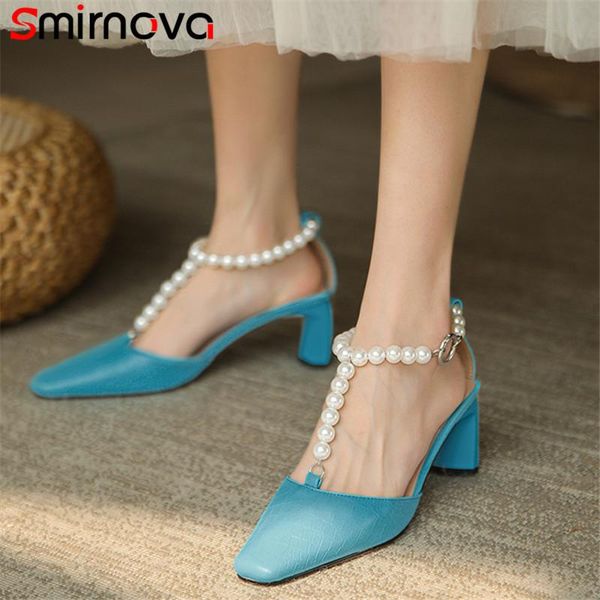 

dress shoes smirnova 2021 genuine leather pumps women square toe pearl buckle high heels single summer party wedding lady, Black