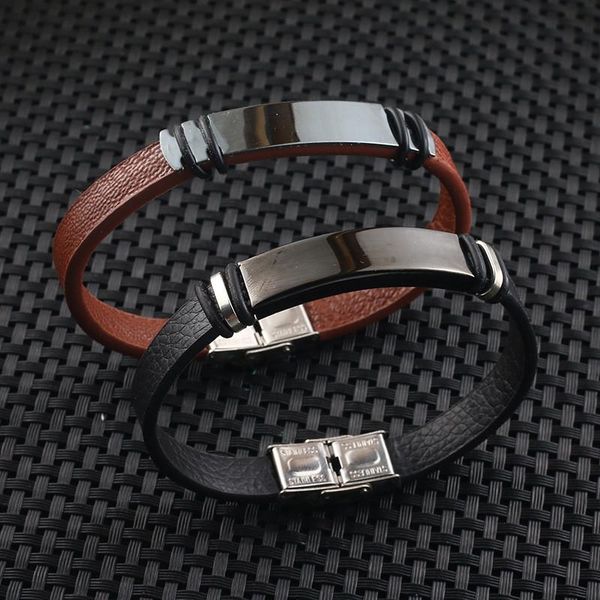 

cuff fashion black/brown leather bracelet for men women jewelry simple style black stainless steel buckle bangle, White