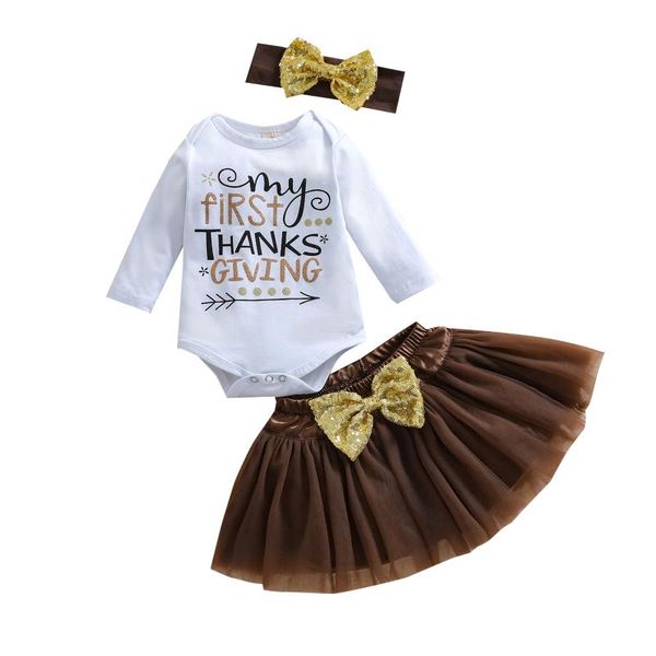 

clothing sets citgeeautumn thanksgiving day infant baby girls clothes set letter print long sleeve romper+short tulle skirt+headband, White