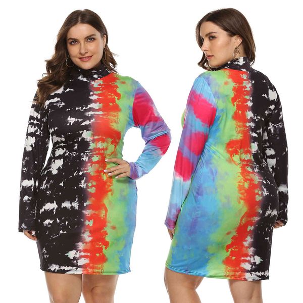 

women's plus size trendy irregular color jet printing half high collar slim 190831