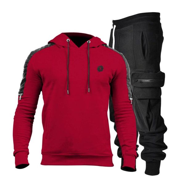 

jogging clothing telotuny 2021 autumn winter men's 2-piece sets fashion sport multi-pocket cargo pants, hoodie and suit conjuntos mascu, Black;red
