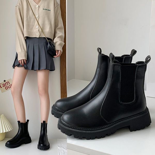 

2021 autumn and winter korean short tube women's fashion elastic mouth cover feet thick heel leather boots round head, Black