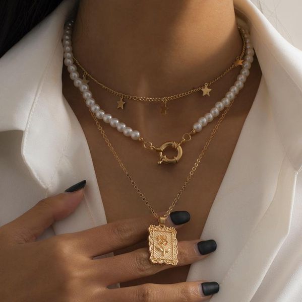 

3pcs/set geometric rose pedant necklace for women baroque bohemia pearl set sweet satr tassel choker jewelry gifts chains, Silver