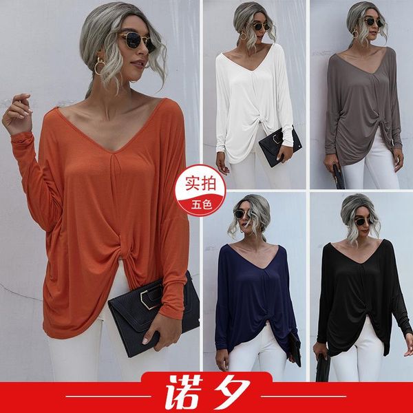 

in autumn and winter of v-neck splicing long sleeve t-shirt 1577 woman tshirtsfashion women's, White
