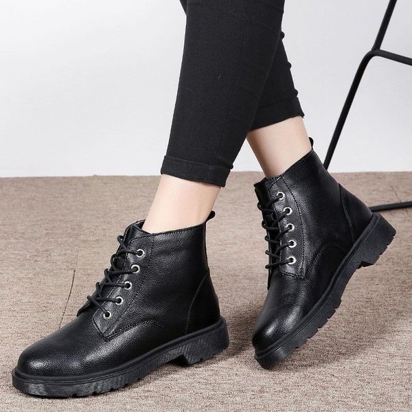 

boots plus fur winter women shoes woman fashion leather flat ankle snow lace up 2021, Black