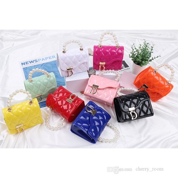 

baby girls pearl princess handbags fashion kids letter pendant jelly bags children candy colors mini wallet chain one shoulder bag f848, Black
