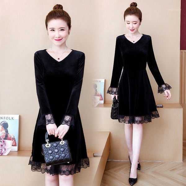 

plus size women's clothing fall gold velvet lace stitching dress woman dresses vestido de mujer femme robe casual, Black;gray