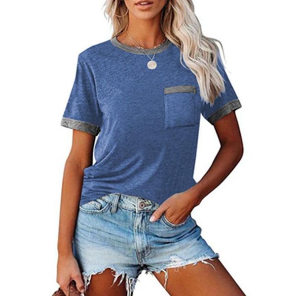 

women's t-shirt casual loose solid fashion patchwork pocket summer short sleeve crew neck color clothing, White