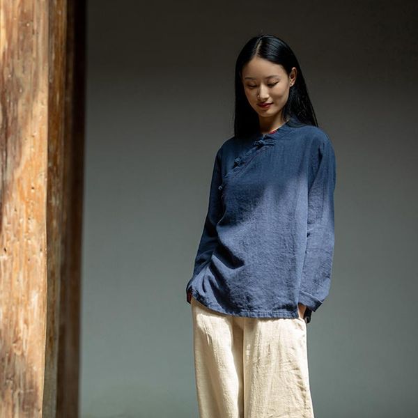 

ethnic clothing shanghai story women's t-shirt chinese style linen blouses with split sides, Red