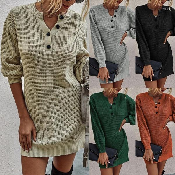 

women's sweaters women winter long sleeve sweater dress v neck button knitted tunic pullover, White;black