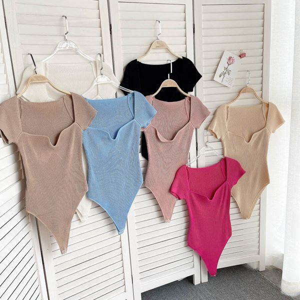 

women's jumpsuits & rompers low-neck bodysuit female design sense leakage clavicle slim summer short sleeve knitted jumps, Black;white
