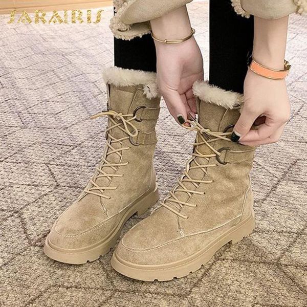 

boots sarairis brand 2021 warm plush winter booties female waterproof non slip square heels lace-up solid shoes woman, Black