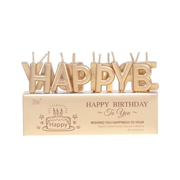 Torta di compleanno oro / argento lettere dorate felici candela candele dorate con lettere Decorazione per feste con scatola in PVC