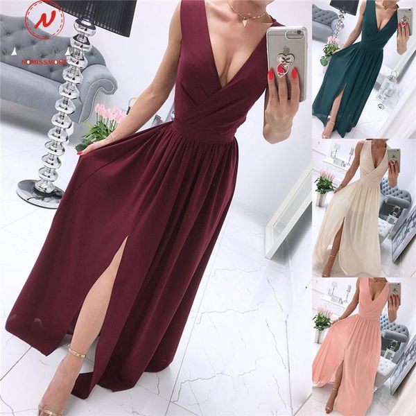 

casual dresses women summer solid color long dress for party high split design deep v sleeveless mid waist slim pullovers a-line, Black;gray