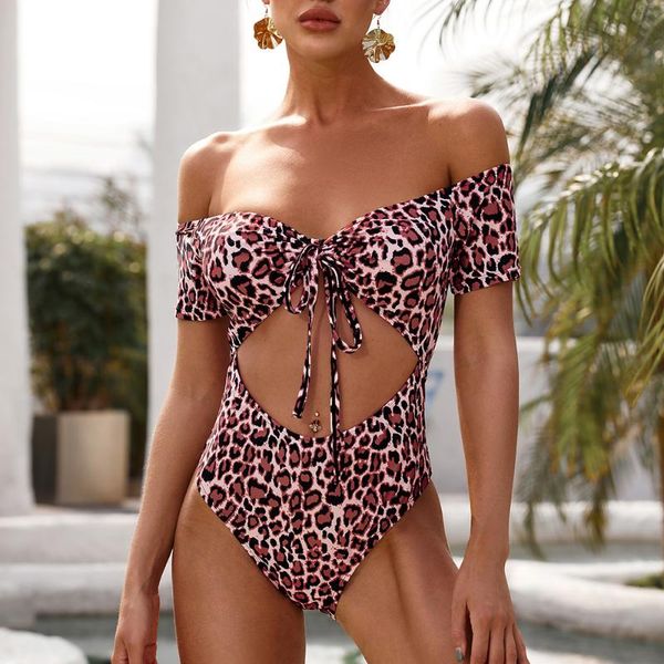 

versear women summer one piece swimsuit leopard printed off the shoulder hollow out high waist padded bikini beachwear swimwear one-piece su