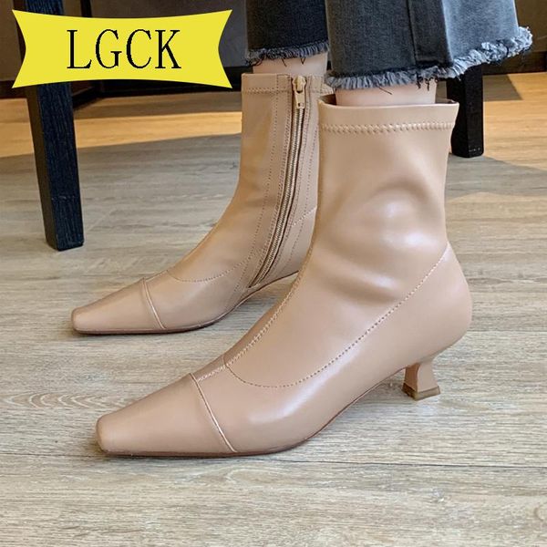 

boots plus size 34-39 autumn winter women zipper square toe genuine leather woman short women's office lady shoes, Black