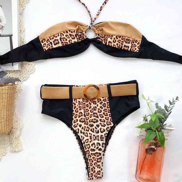 

new high waist leopard swimwear women ring patchwork bikini set off shoulder bathing suit bikinis female summer beachwearby ai