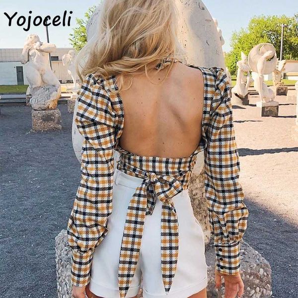 Yojoceli Casual Streetwear Curva Curva Blusas Camisa Mulheres Stand Collar Backless Feminino Blusas Tops 210609