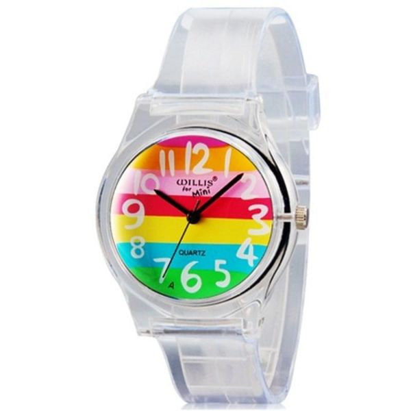 

wristwatches willis mini women's colorful striped print quartz analog watch with transparent plastic strap women student dress clock wa, Slivery;brown
