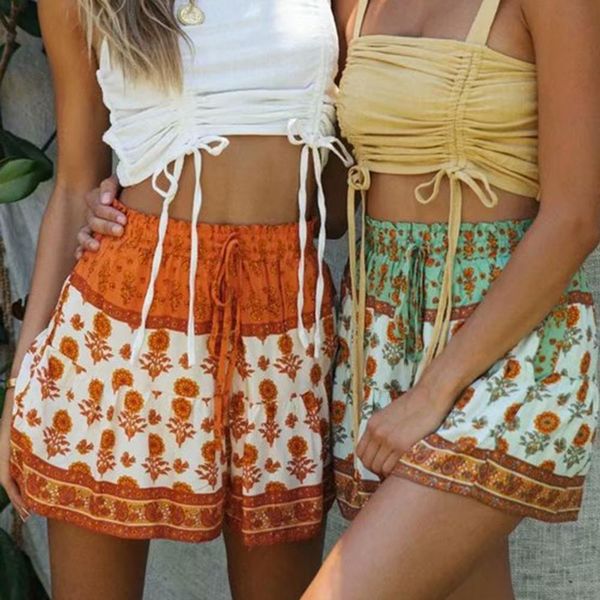 

shorts summer floral printed women high waist elastic vintage chic short pants boho beach loose casual female shorts ent5, White;black