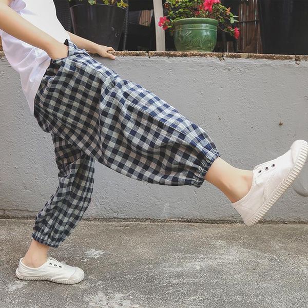 

trousers 2021 boys casual summer linen cotton thin plaid kid loose sport pants children fashion ankle-length harem j105, Blue