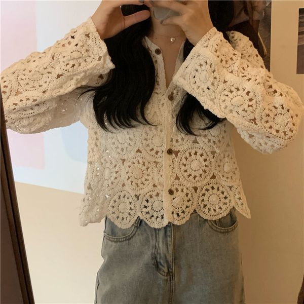 

philosphy wonder hollow out full sleeves hook flowers stylish cardigans thin vintage lace sweet korean chic blouses 210510, White