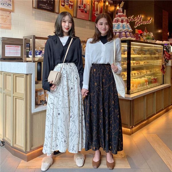 

long spring small fresh abstract women skirt print chiffon swing casual elegant temperament floral, Black