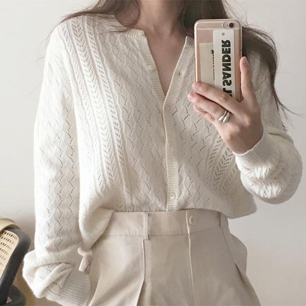 

women's knits & tees korean chic o neck elegant knit cardigans women loose casual all match autumn 2021 sweater simple sweet soft pull, White