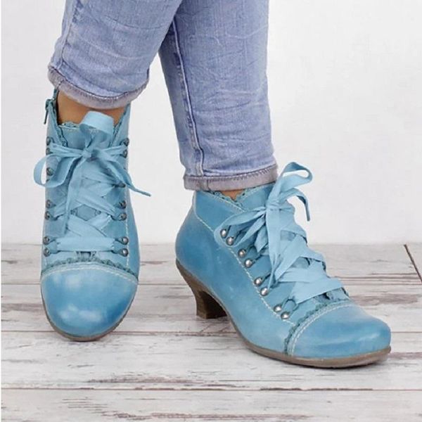 

boots autumn winter lace up women ankle pu leather low heels ladies shoes cross strap platform punk female, Black