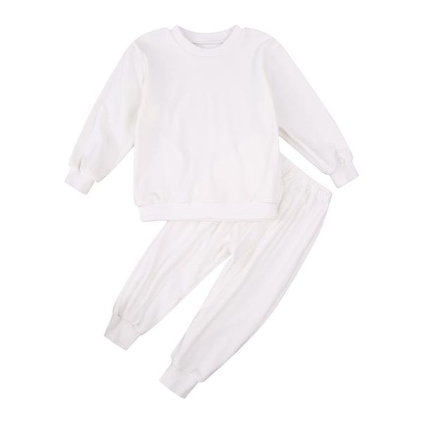 

clothing sets 3-7years toddler kids boys girls clothes solid color round neck sweatshirt and long pant, White