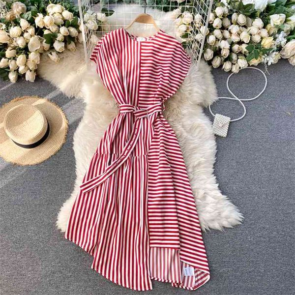 

women fashion stripe round neck sleeveless lace up waist slim irregular a-line dress clothes harajuku vestidos r789 210527, Black;gray