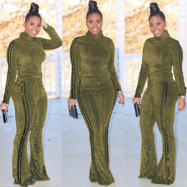 

two piece dress side stripe gold high collar long sleeve trousers two-piece, White