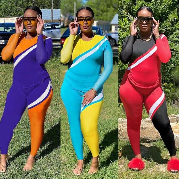 

women's two piece pants women tracksuit 2 set fashion outfits female crewneck patckwork sportsuit high elastic skinny leggings sportswe, White