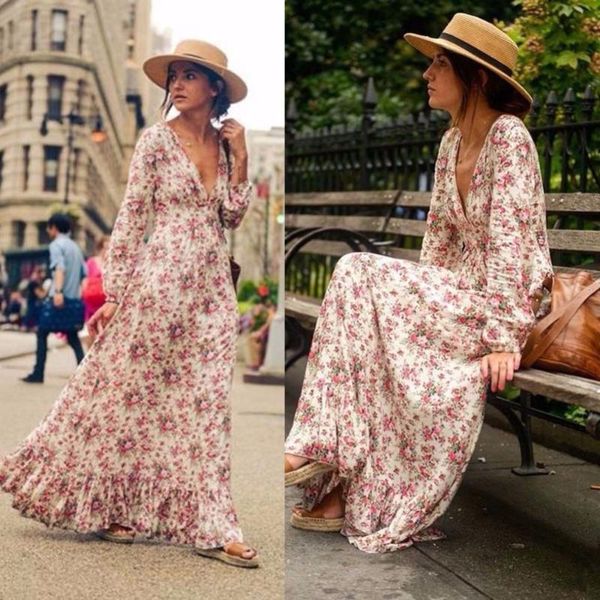 

fashion summer women dress long sleeve v-neck high waist floral printed loose bohe beach dresses vestidos casual, Black;gray