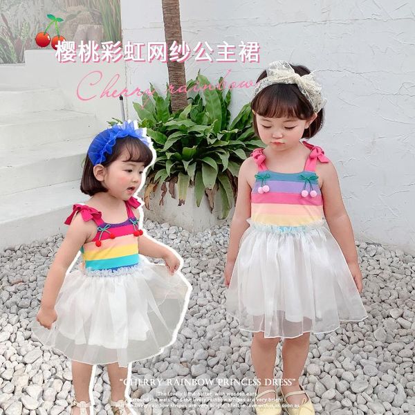 

children's rainbow suspender and mesh dress for girls girl's dresses, Red;yellow