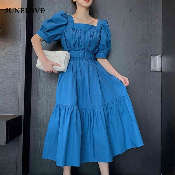 

vintage ladies elegant casual long dress with belt vestidos women summer square collar puff sleeve party 210517, Black;gray