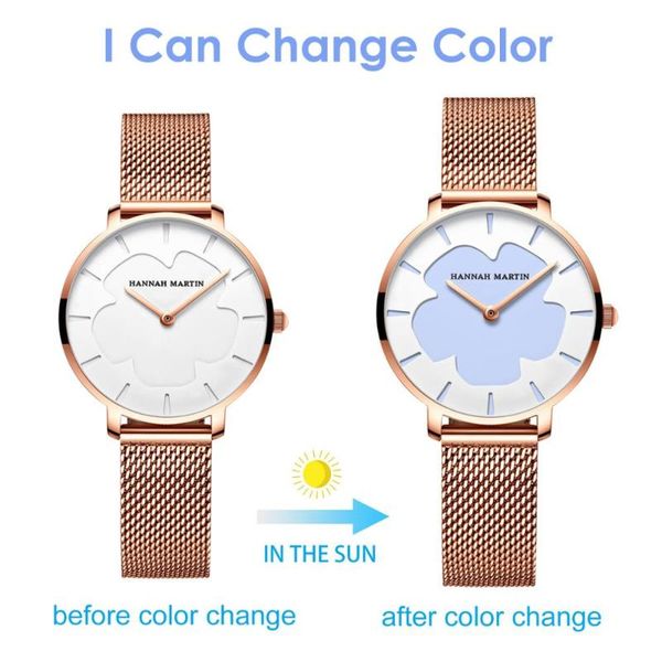 

wristwatches 33mm women watch joker magic flower japan quartz movement change color in the sun stainless steel mesh waterproof drop, Slivery;brown